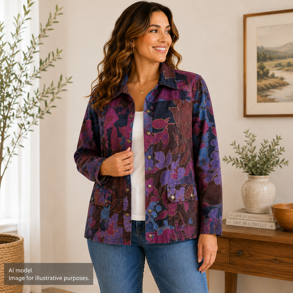 Coldwater Creek Jacket Womens 18W 2X Purple Floral Denim Stretch Snap Pockets